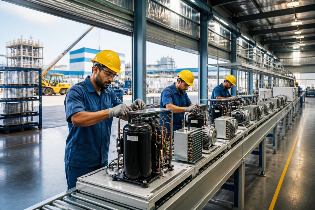 India consumer durables market represented by a modern appliance manufacturing facility and component assembly line