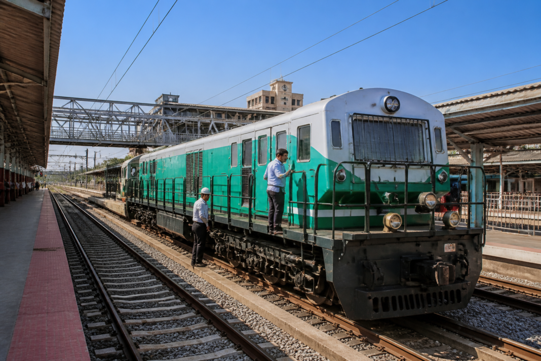 LNG-powered train engine displayed at Sabarmati Railway Station in Ahmedabad