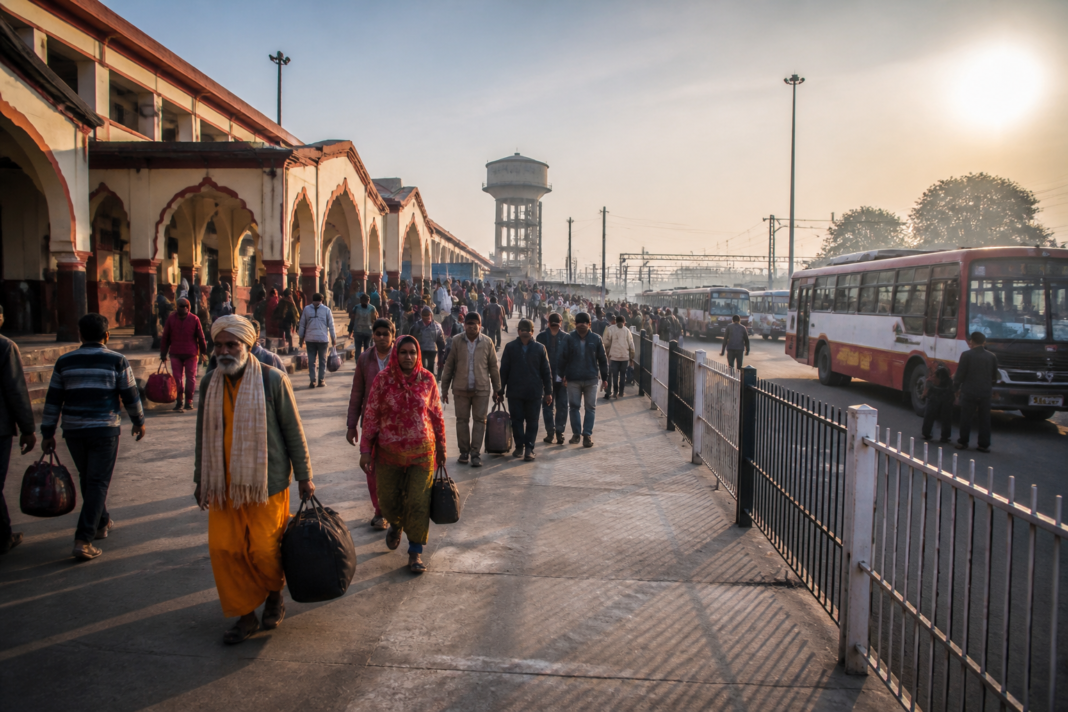 Domestic travel in India with pilgrims and commuters at a busy railway station