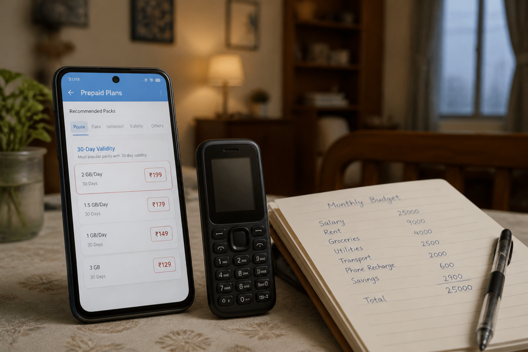 TRAI 30-day prepaid plans shown on a smartphone beside a prepaid recharge interface