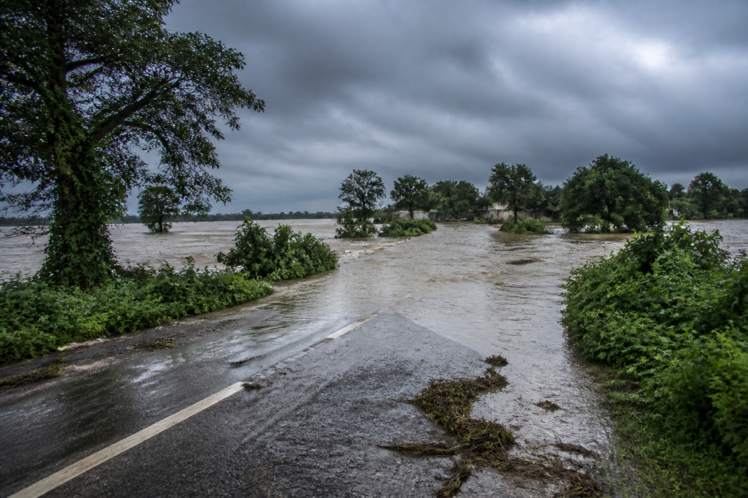 Gandak river floodwaters covering a road near Valmiki Tiger Reserve in West Champaran