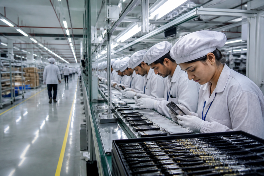 PLI scheme-backed smartphone manufacturing line in an Indian electronics factory