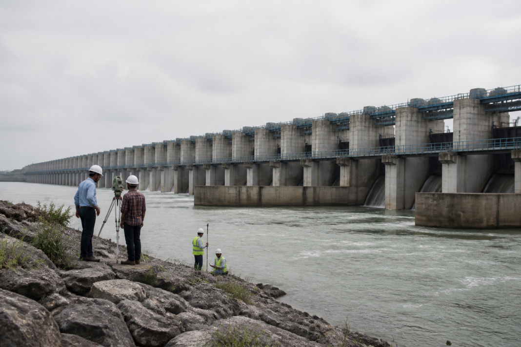 Medigadda barrage rehabilitation plan showing the damaged barrage and downstream water structures.