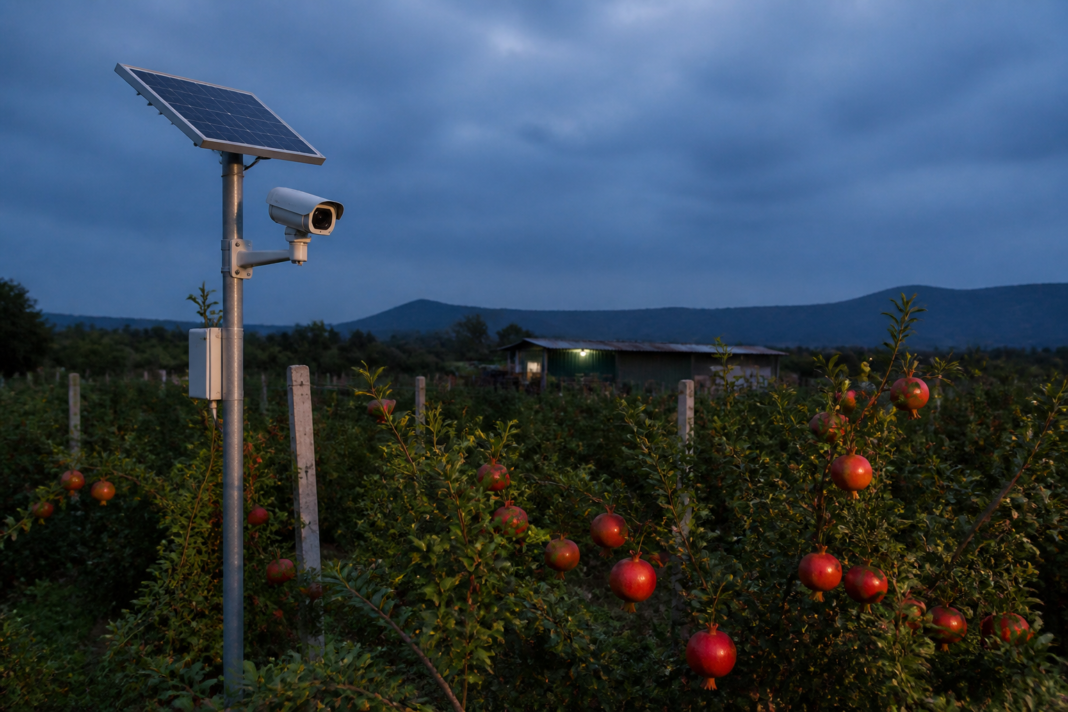 Solar CCTV cameras monitoring a pomegranate orchard in Maharashtra