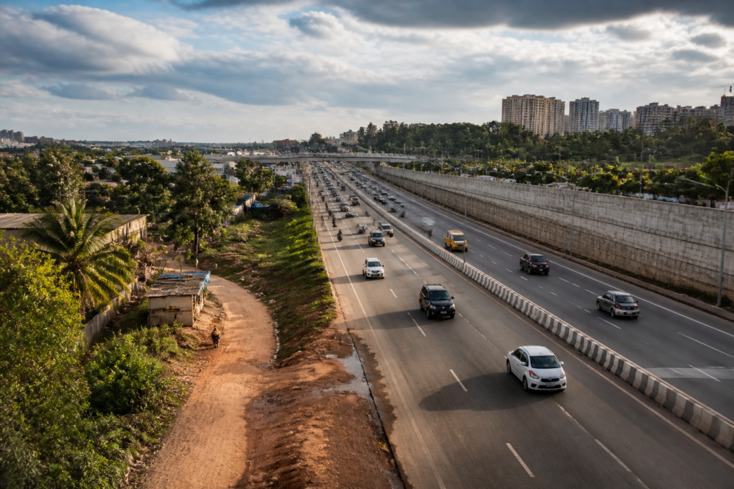 NICE Road in Bengaluru with traffic and surrounding urban infrastructure