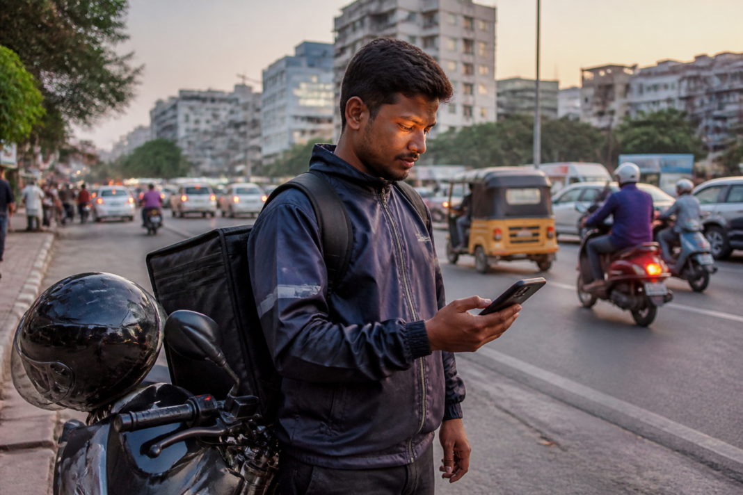 Hyderabad gig workers using a safety app while working on city roads
