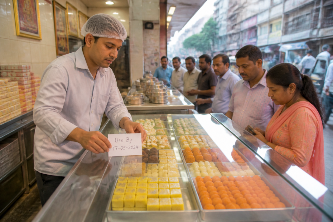 UP sweets use-by date displayed at a sweet shop counter in Uttar Pradesh