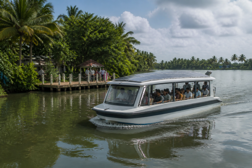 Solar boat service operating through the Kadinamkulam backwaters near Thiruvananthapuram