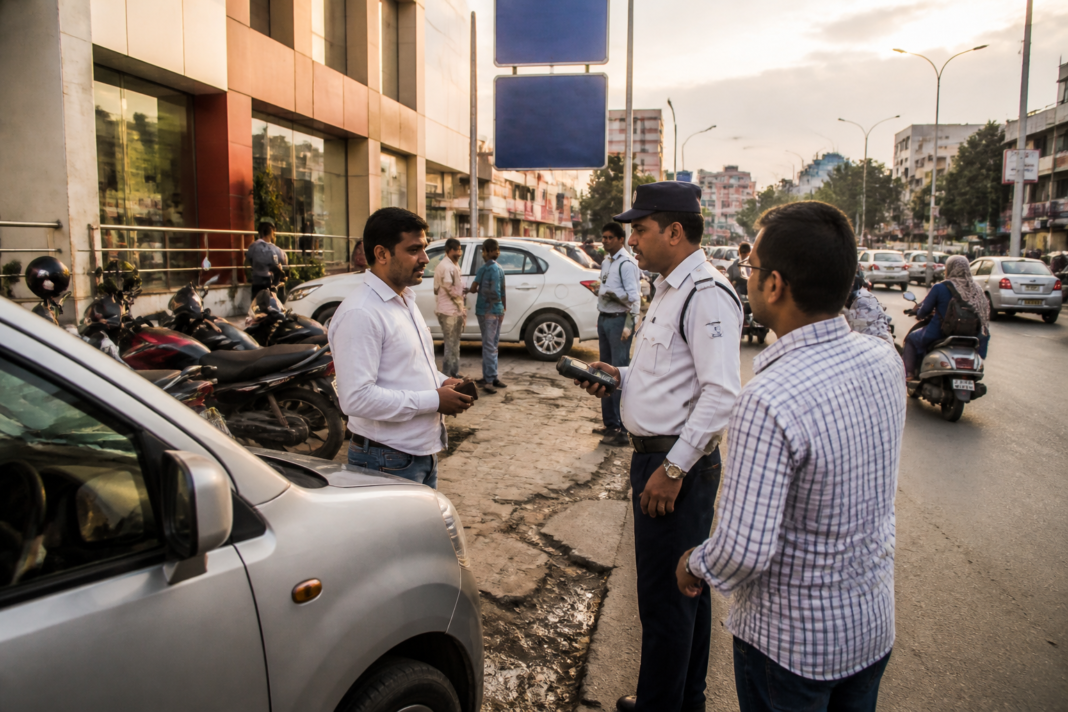 Ranchi parking area with unclear fee signage and vehicles near Lalpur