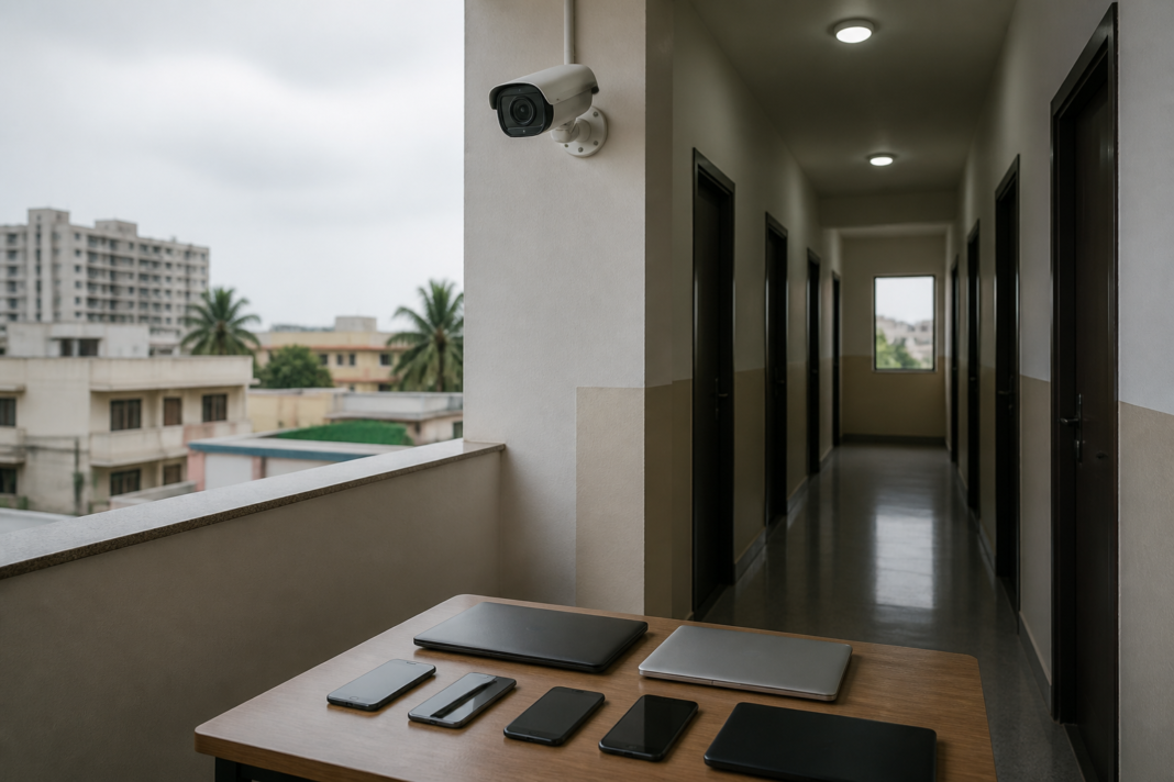Bengaluru PG hostel security scene with recovered laptops and mobile phones