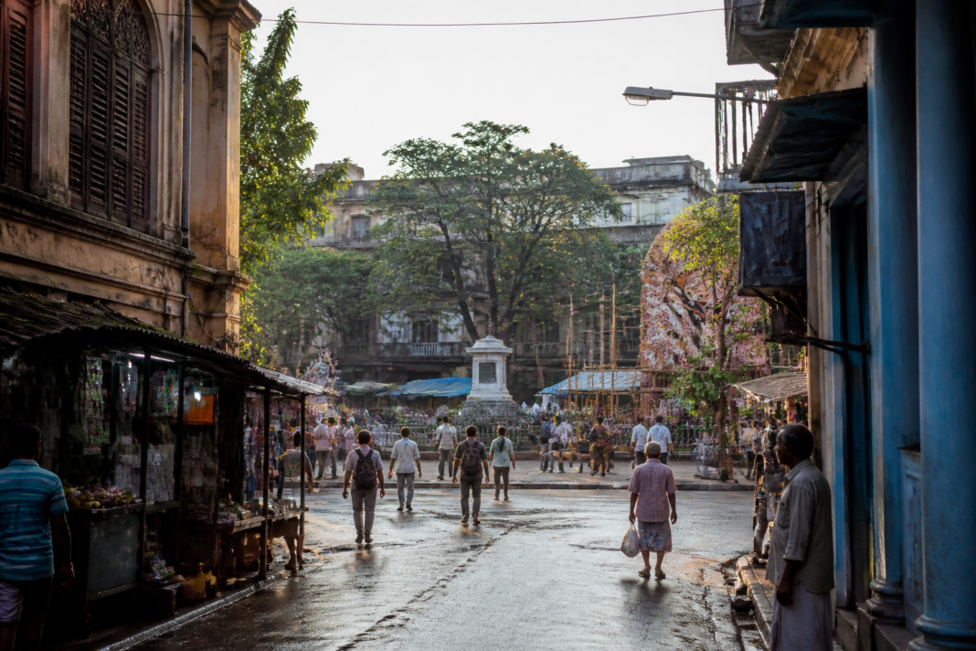 Lebutala Kolkata street and Santosh Mitra Square surrounded by historic buildings and local activity