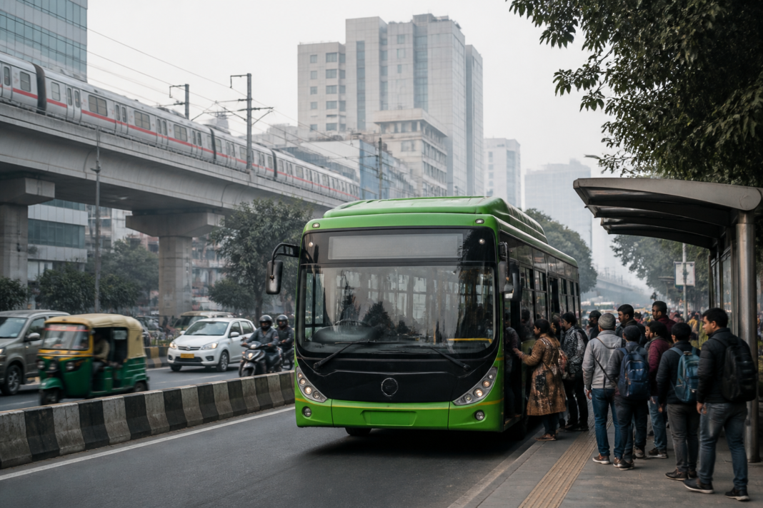 Delhi electric buses operating on a busy urban road amid traffic and pollution concerns