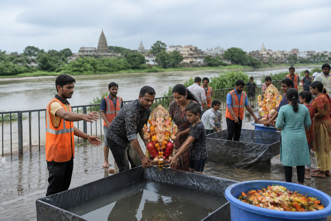 Alandi Ganesh idol collection point near the Indrayani river