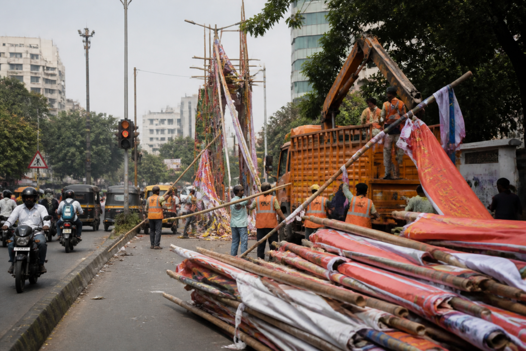 Pune PMC crews clearing festival banners and temporary structures from a city road