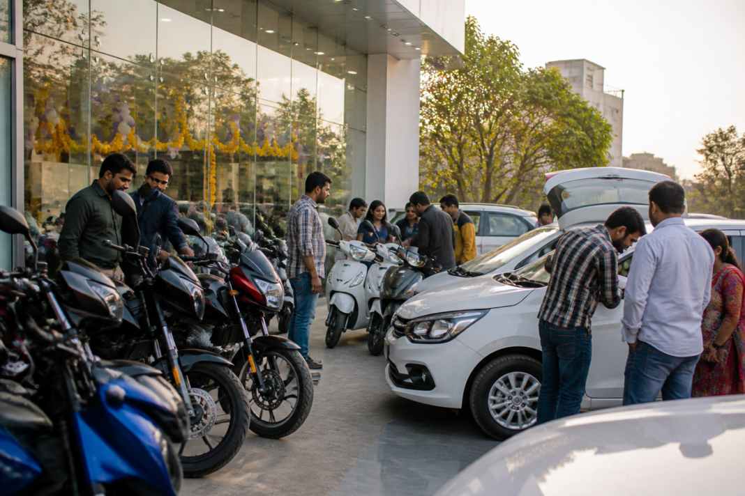 Madhya Pradesh vehicle sales at a busy automobile dealership during the festive season