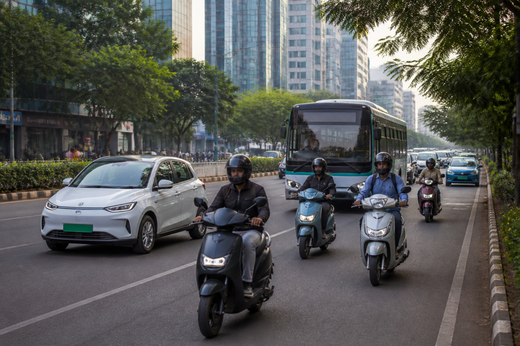 Bengaluru EV registrations reflected by electric two-wheelers and cars on a busy city road