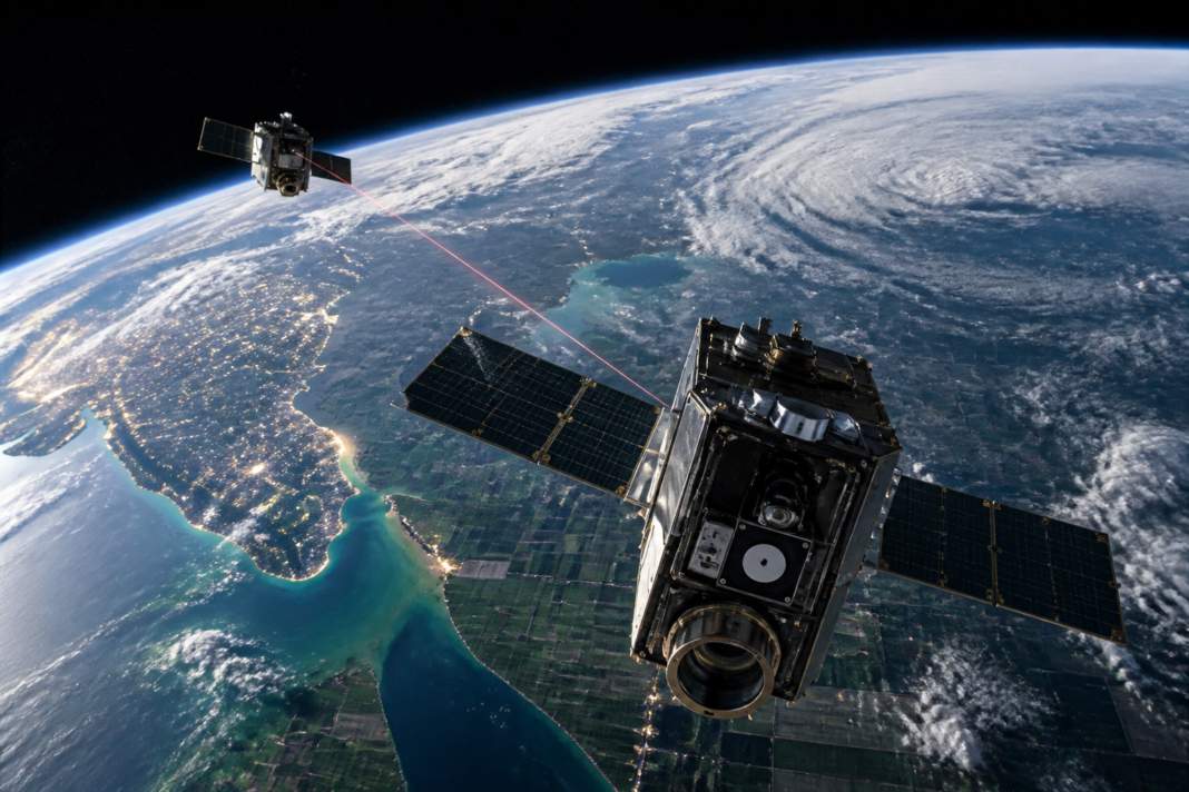 Orbital data centre satellites orbiting above Earth in a conceptual space infrastructure scene