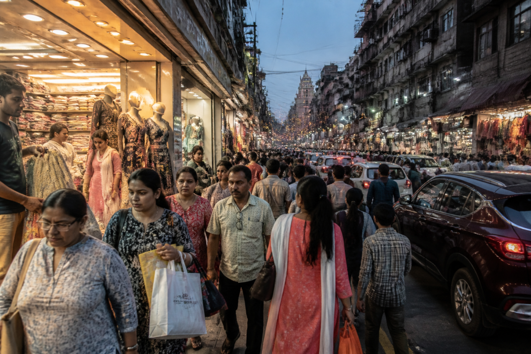 Kolkata Durga Puja shopping crowds move through a busy market street.