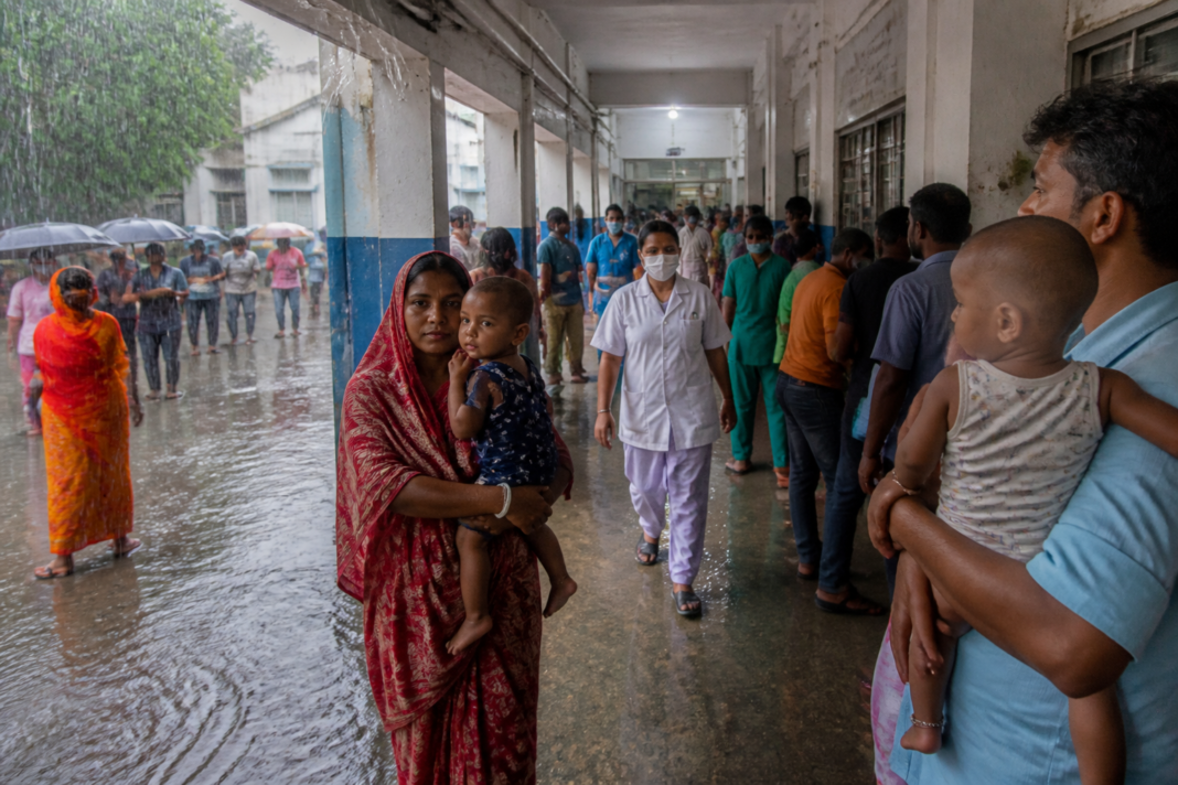 Barrackpore hospital outpatient department affected by rainwater and crowded patient areas