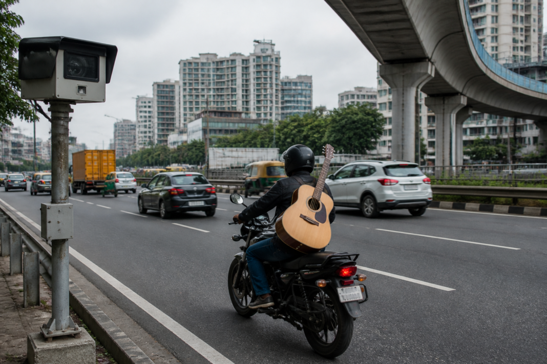 Bengaluru AI traffic camera image showing a helmeted rider carrying a guitar on a two-wheeler