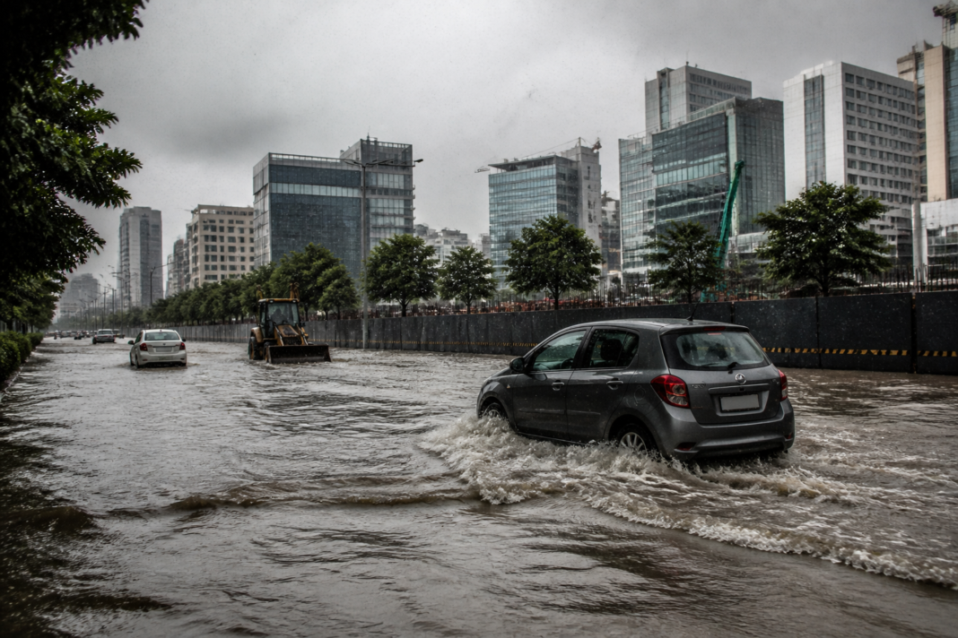 Gurugram groundwater crisis reflected by monsoon flooding on an urban road