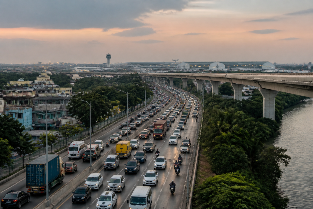 Proposed Chennai airport elevated road corridor near the Adyar river and airport access routes