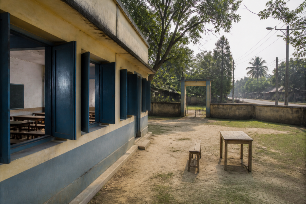 Studentless schools in West Bengal with empty classrooms and a vacant school building