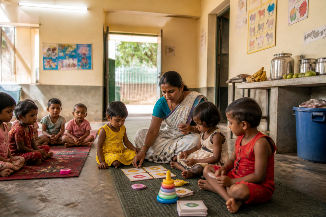 Anganwadi centre in Bengal with children and an Anganwadi worker inside