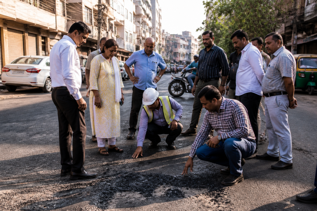 Tilak Nagar road controversy during a Delhi street inspection near a newly built road