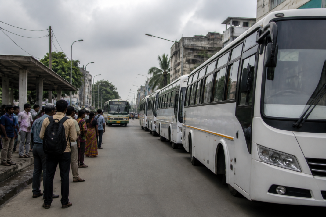 Tamil Nadu private bus strike announcement affecting buses and commuters on a busy urban road