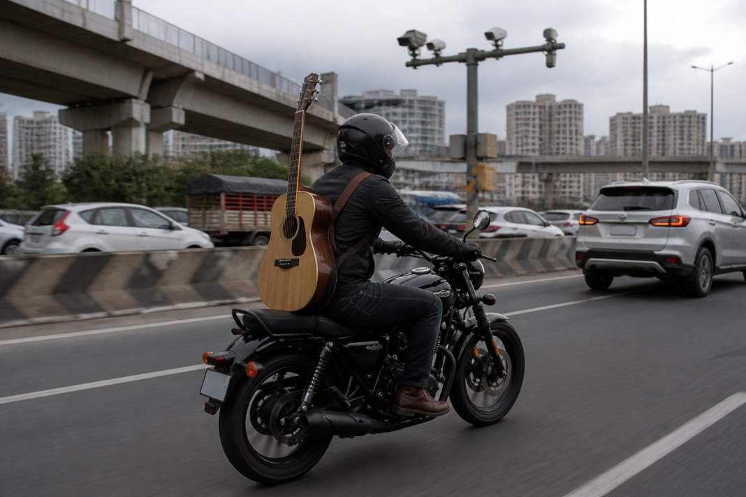 Bengaluru AI traffic camera image showing a helmeted rider carrying a guitar on a two-wheeler