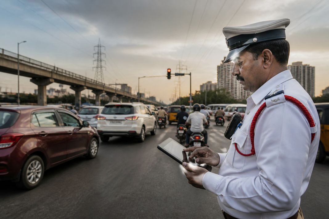 Unpaid traffic challans shown on a digital traffic enforcement system beside an Indian urban road