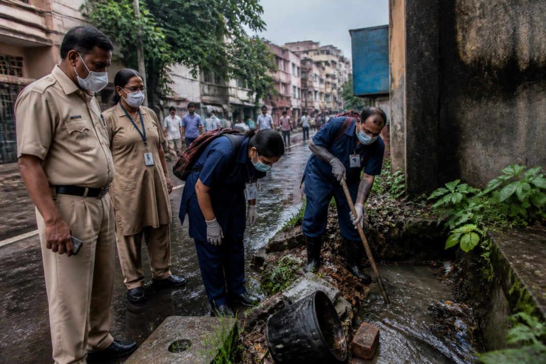 Dengue control workers inspect stagnant water and mosquito-breeding sites in Kolkata.