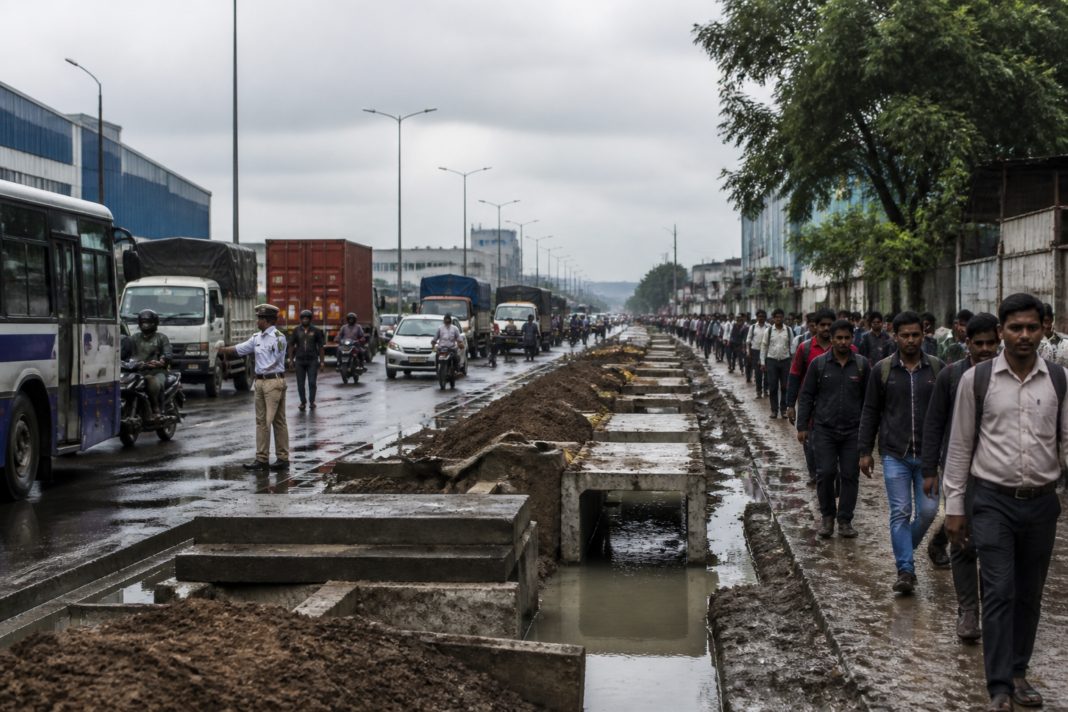 Chakan infrastructure plan showing an industrial road, drainage works and heavy traffic in Pune