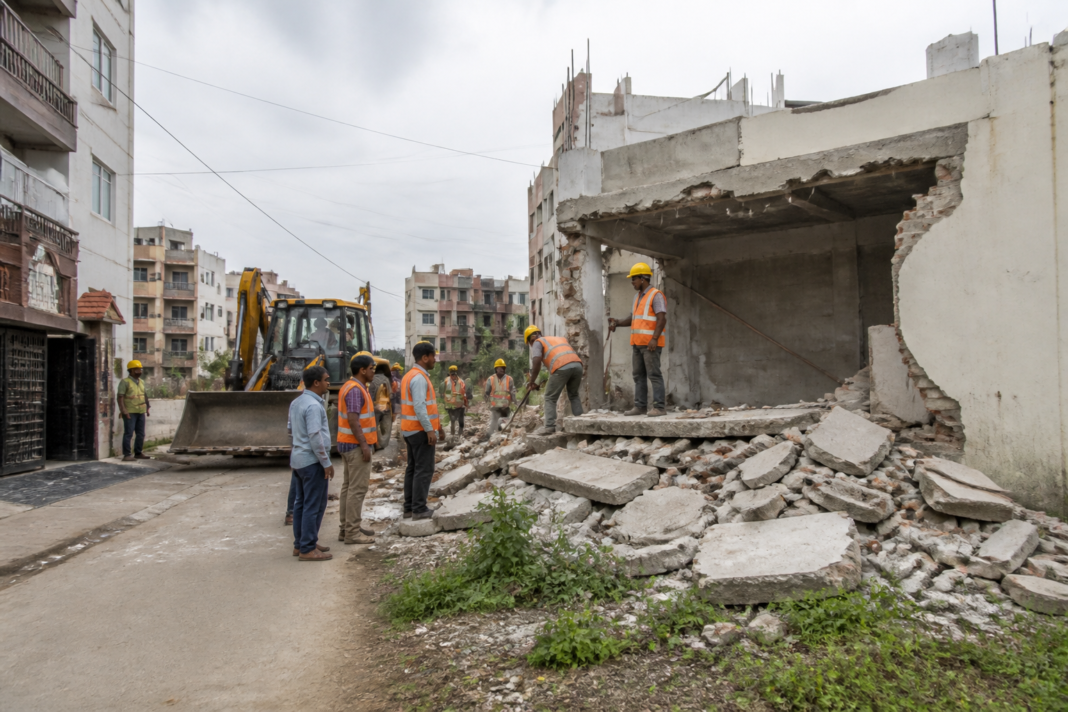 Cyberabad unauthorised structures being demolished by municipal enforcement workers