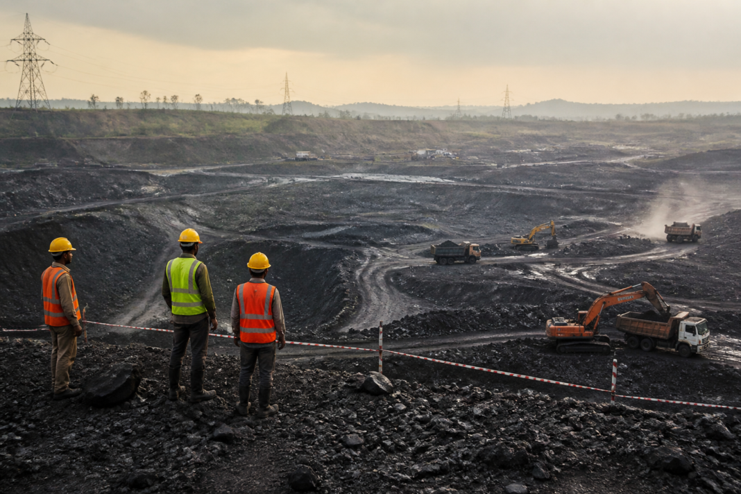 West Bengal coal mining site with industrial equipment and workers near a coal belt
