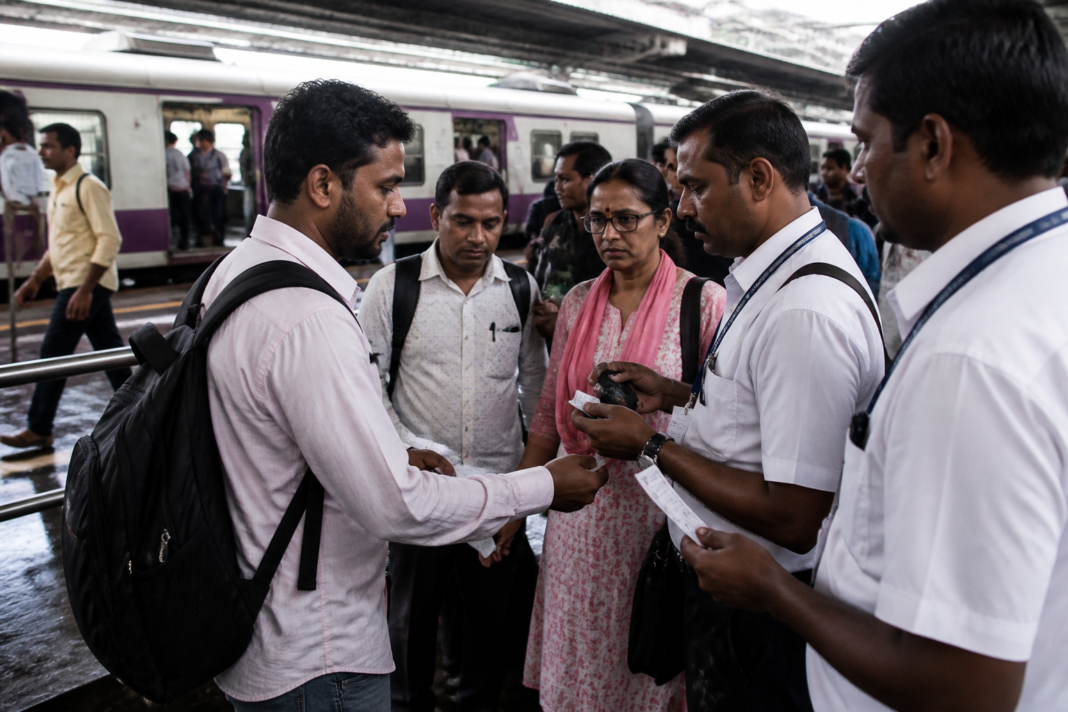 Mumbai local ticket checking staff inspecting passengers at a Central Railway station