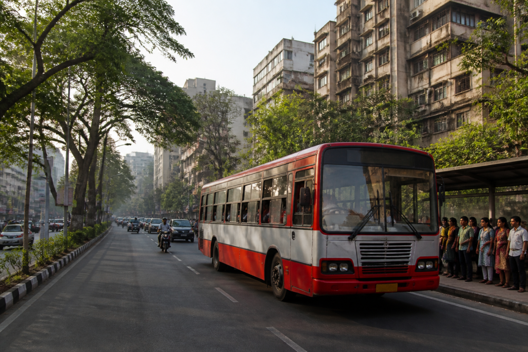 BEST bus on a Mumbai road, representing the undertaking's reduced deficit and transport operations.