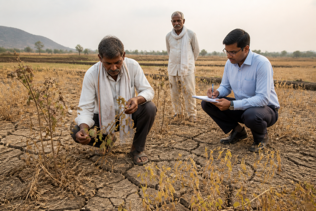 Maharashtra drought relief assessment at a dry farm field with damaged crops and agricultural workers.