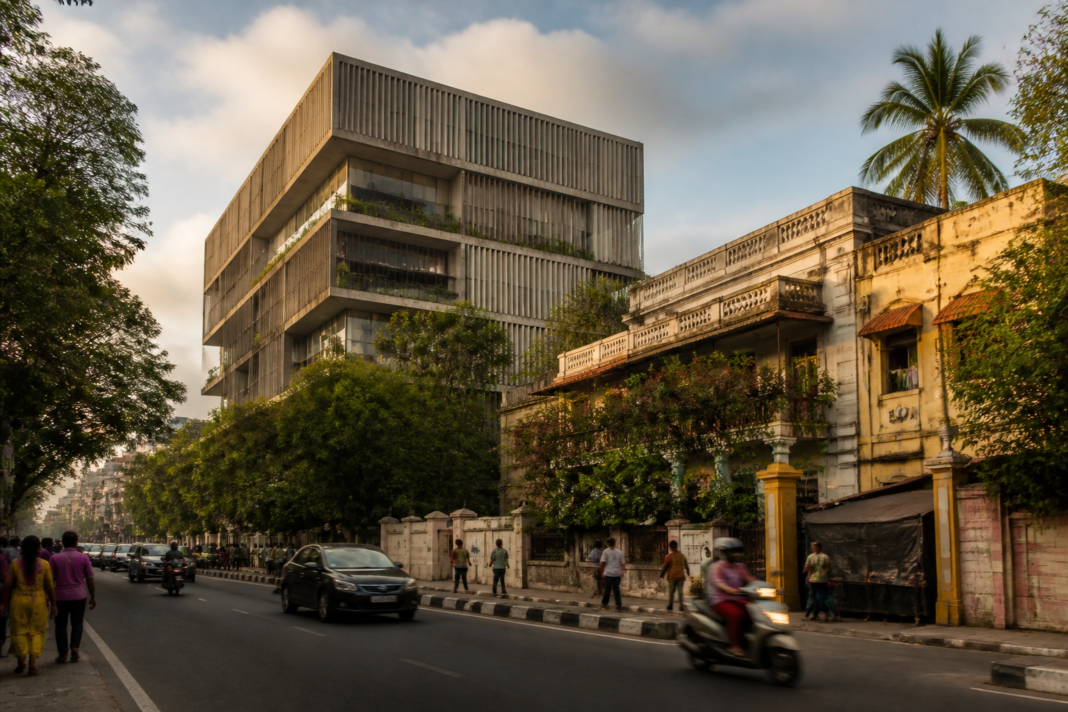 Chennai architecture book displayed during a launch with contemporary buildings in the city