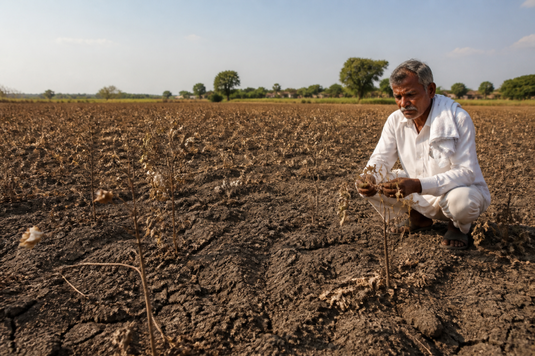 Maharashtra drought affecting dry farmland and distressed crops during a rainfall deficit