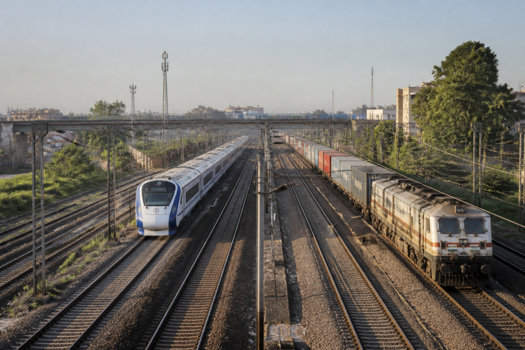 Delhi-Ambala rail line with multiple railway tracks and passenger trains near a busy station