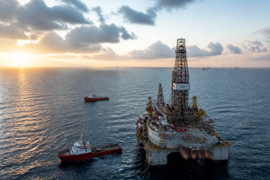 Domestic oil exploration infrastructure and offshore energy operations representing India’s energy security push.
