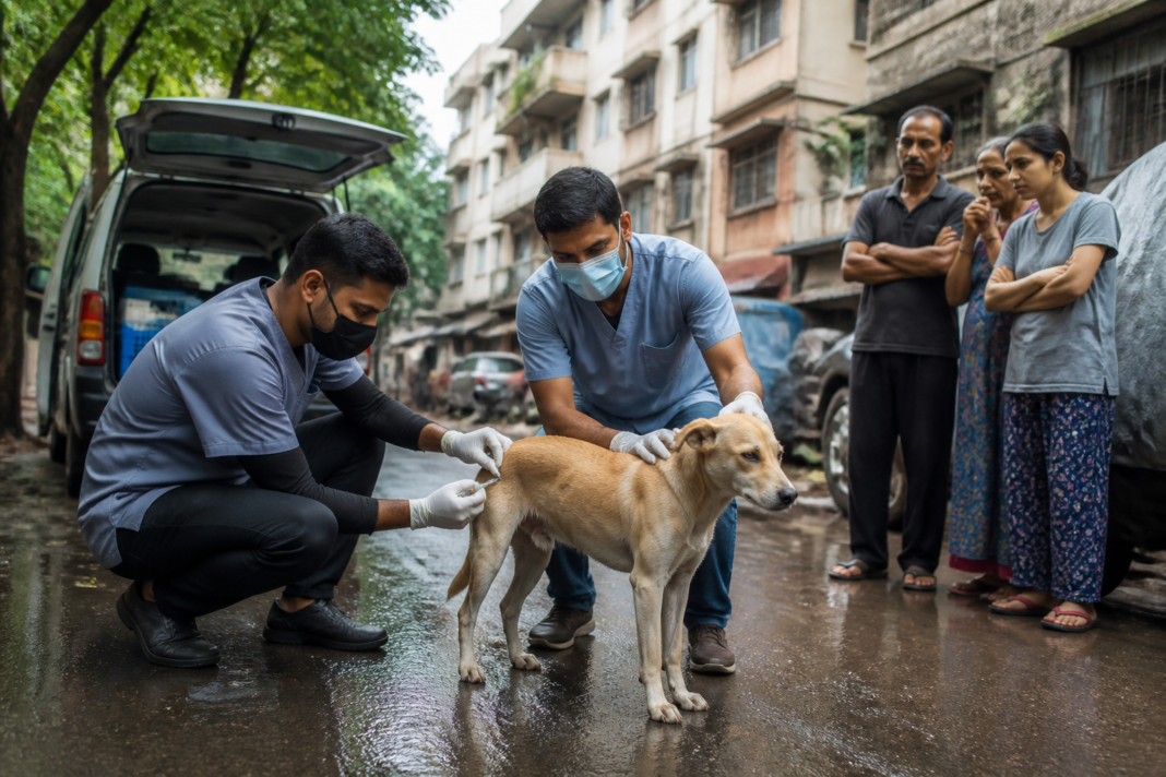 Mumbai rabies control campaign with a civic veterinary team vaccinating a street dog