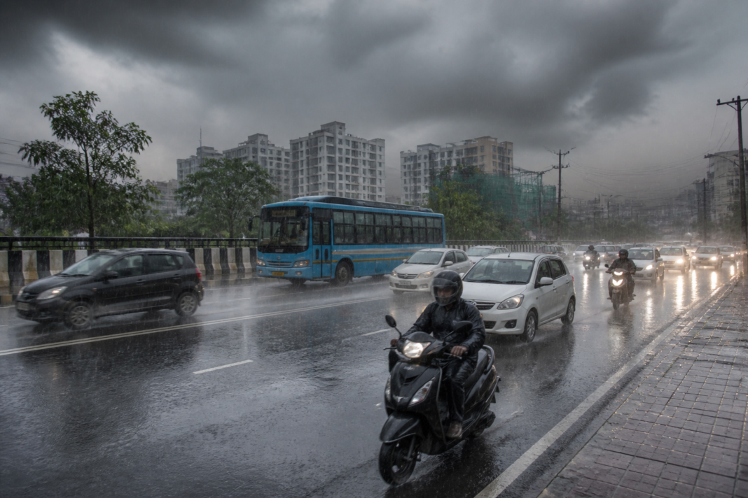IMD heavy rain alert over an Indian city with dark storm clouds and rain on urban roads