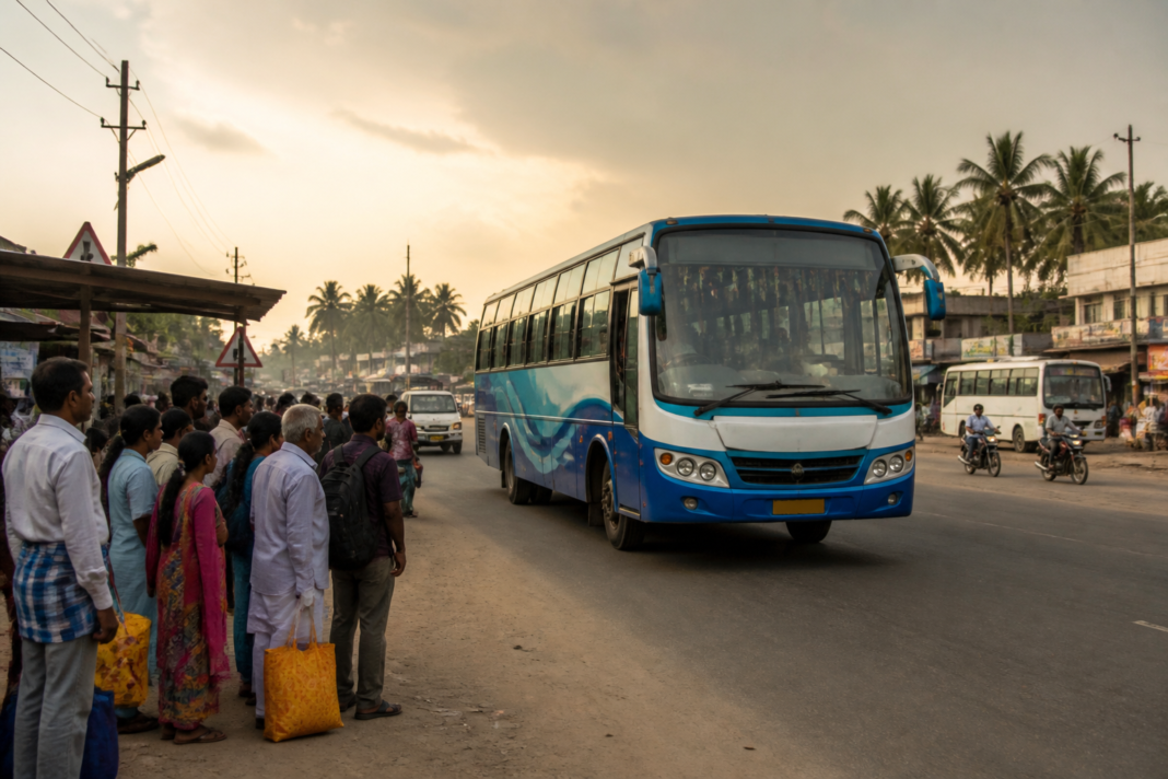 Tamil Nadu private bus on a busy state highway during a fare dispute