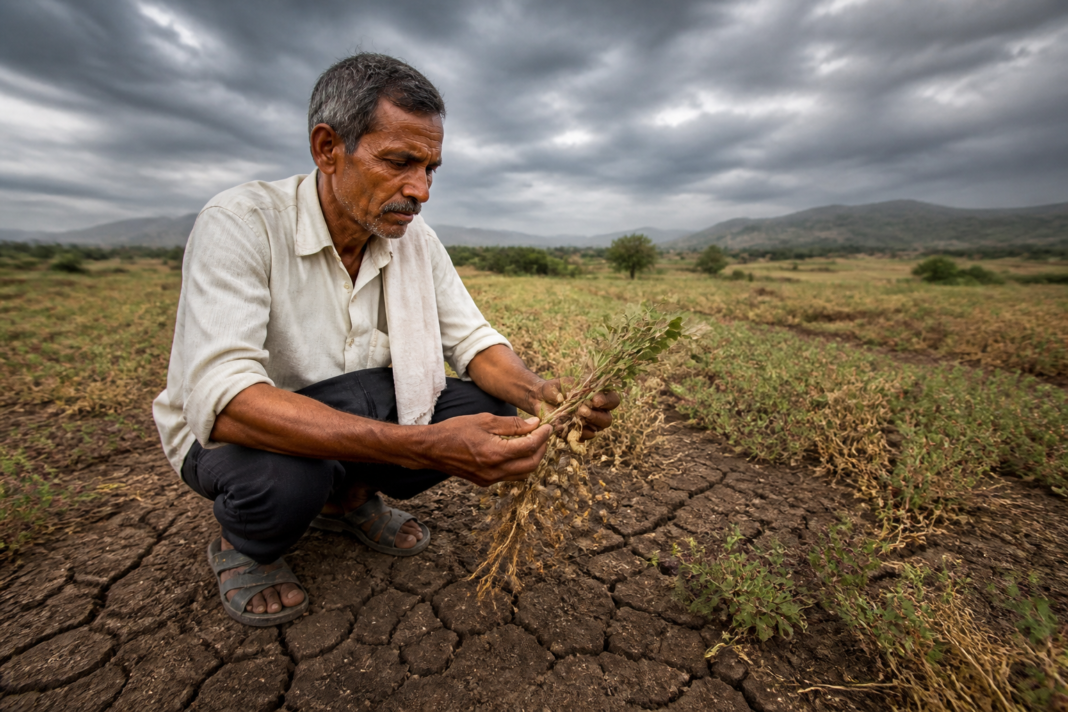 Maharashtra drought leaves a dry farm field and damaged groundnut crop in Sakri