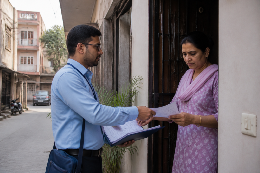 Delhi SIR voter verification documents being collected by a BLO at a resident’s home