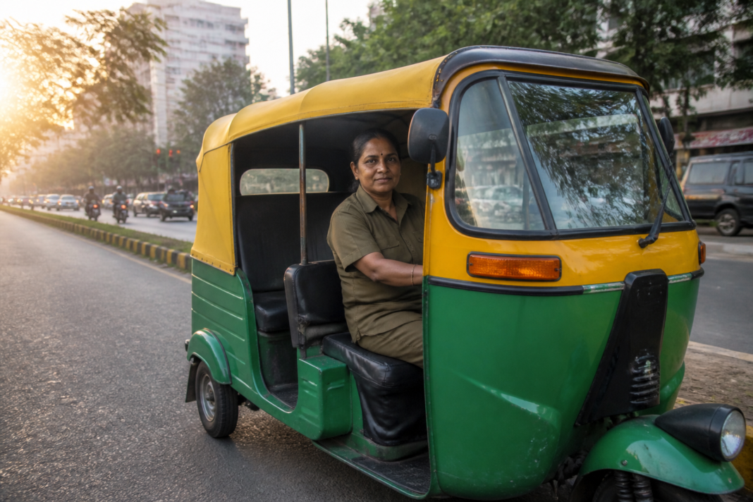 Bengaluru woman auto driver sitting in her autorickshaw on a city street