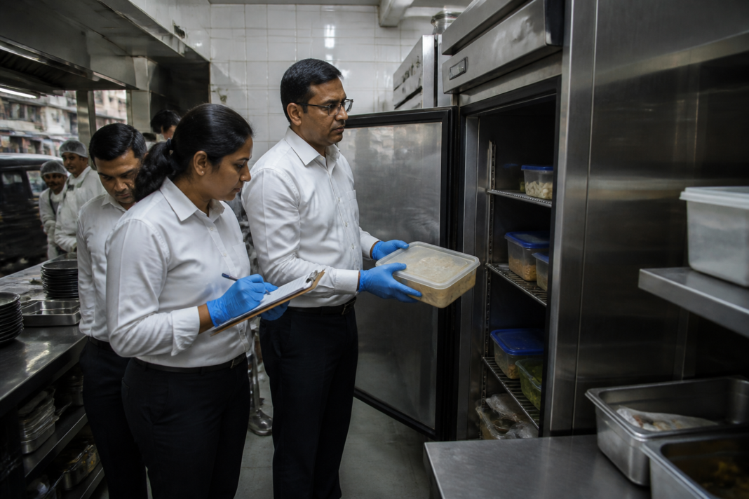 Mumbai FDA inspection at a food establishment showing a commercial kitchen and sealed food-storage area